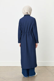 Thin Quilted Jacket with Drawstring Waist - Navy Blue