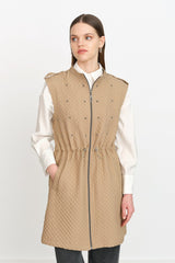 Thin Quilted Vest with Gathered Waist - Beige
