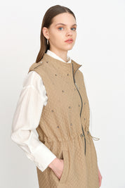 Thin Quilted Vest with Gathered Waist - Beige