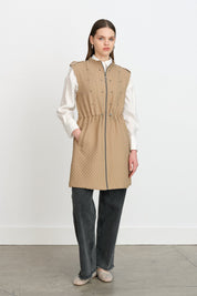 Thin Quilted Vest with Gathered Waist - Beige