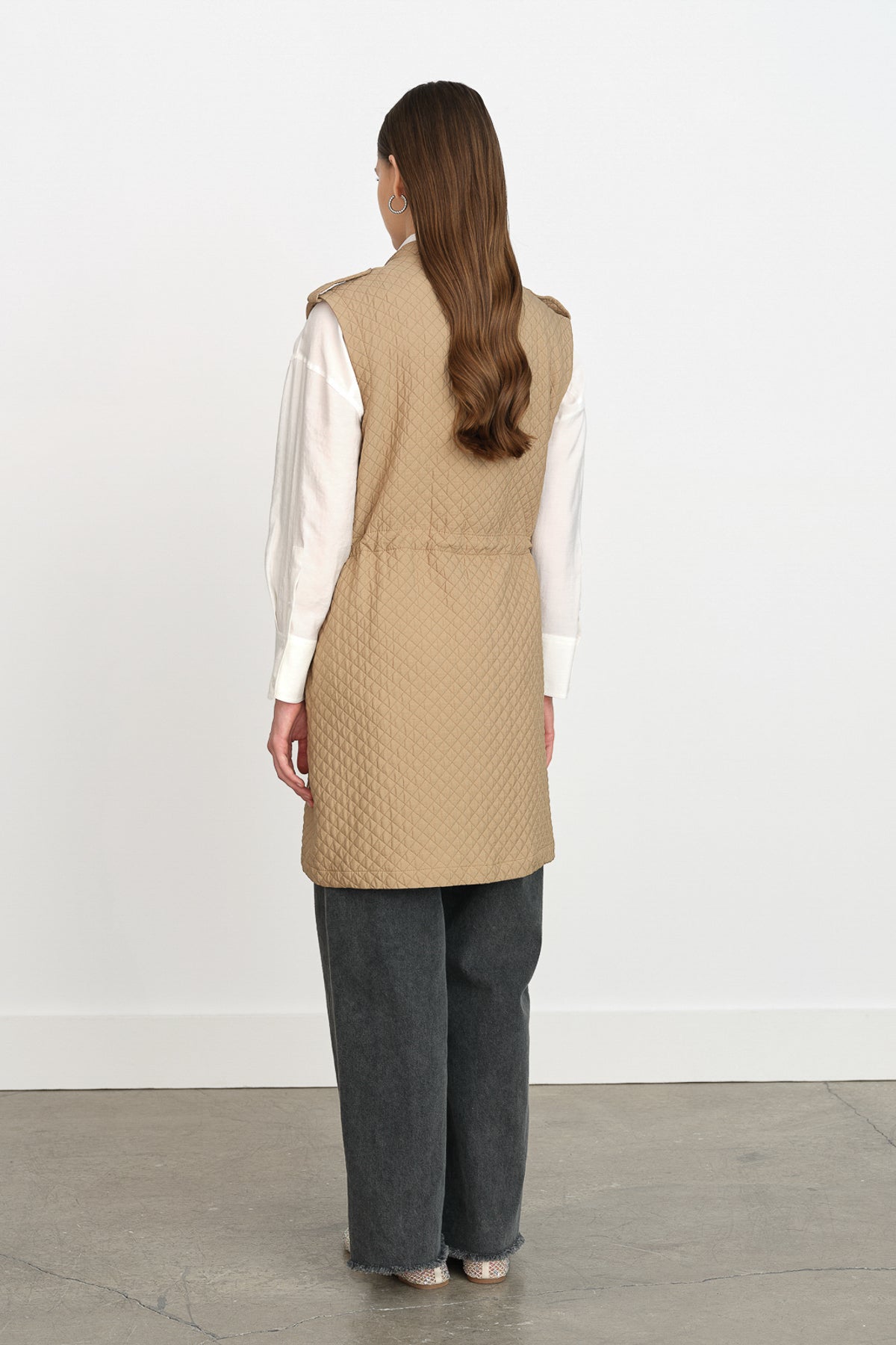 Thin Quilted Vest with Gathered Waist - Beige