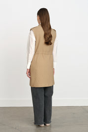 Thin Quilted Vest with Gathered Waist - Beige