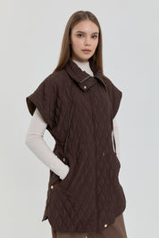 Thin Quilted Vest with Gathered Waist - Coffee