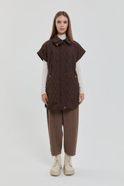 Thin Quilted Vest with Gathered Waist - Coffee