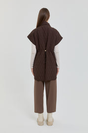 Thin Quilted Vest with Gathered Waist - Coffee