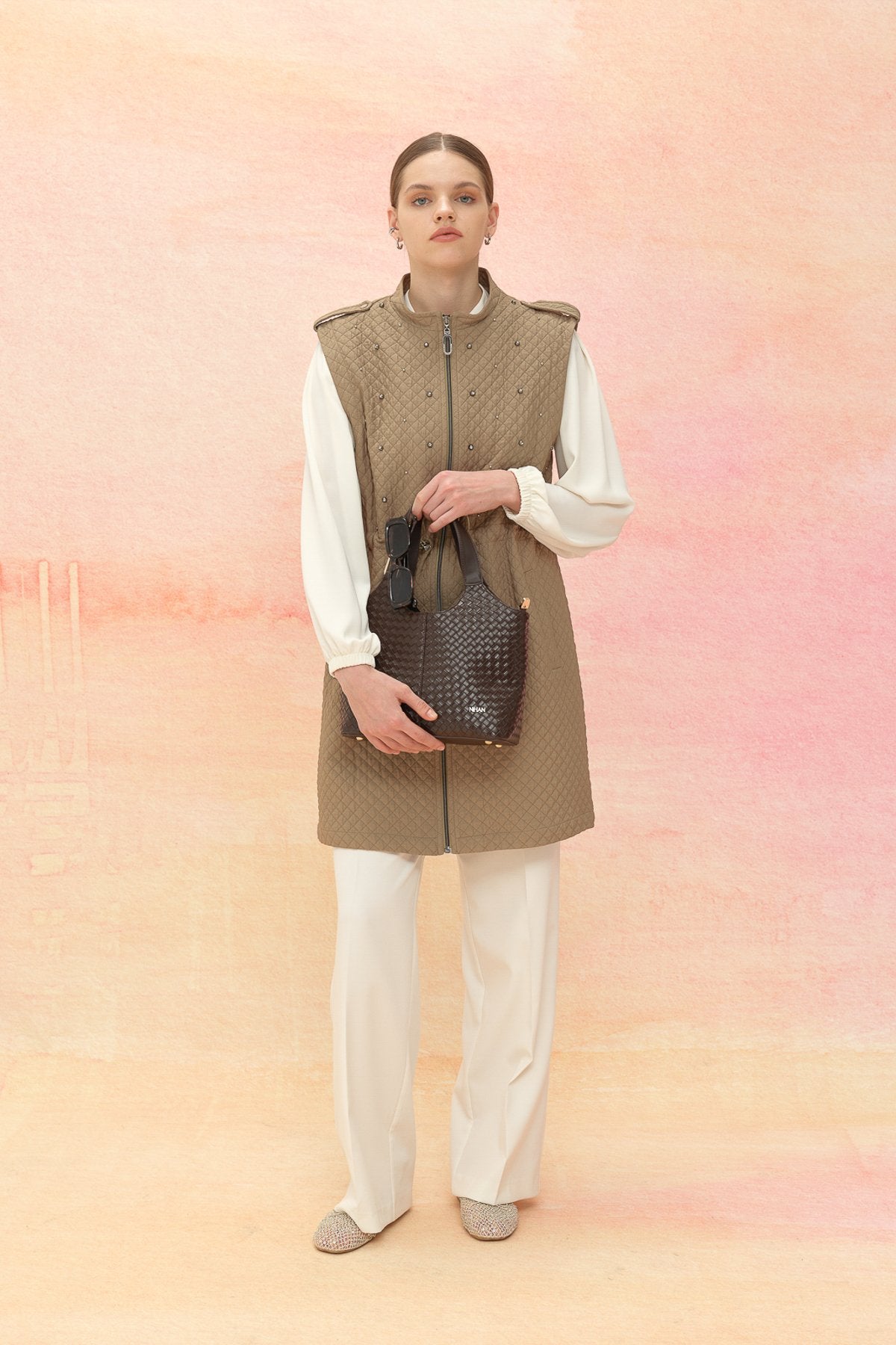 Thin Quilted Vest with Drawstring Waist - Thyme