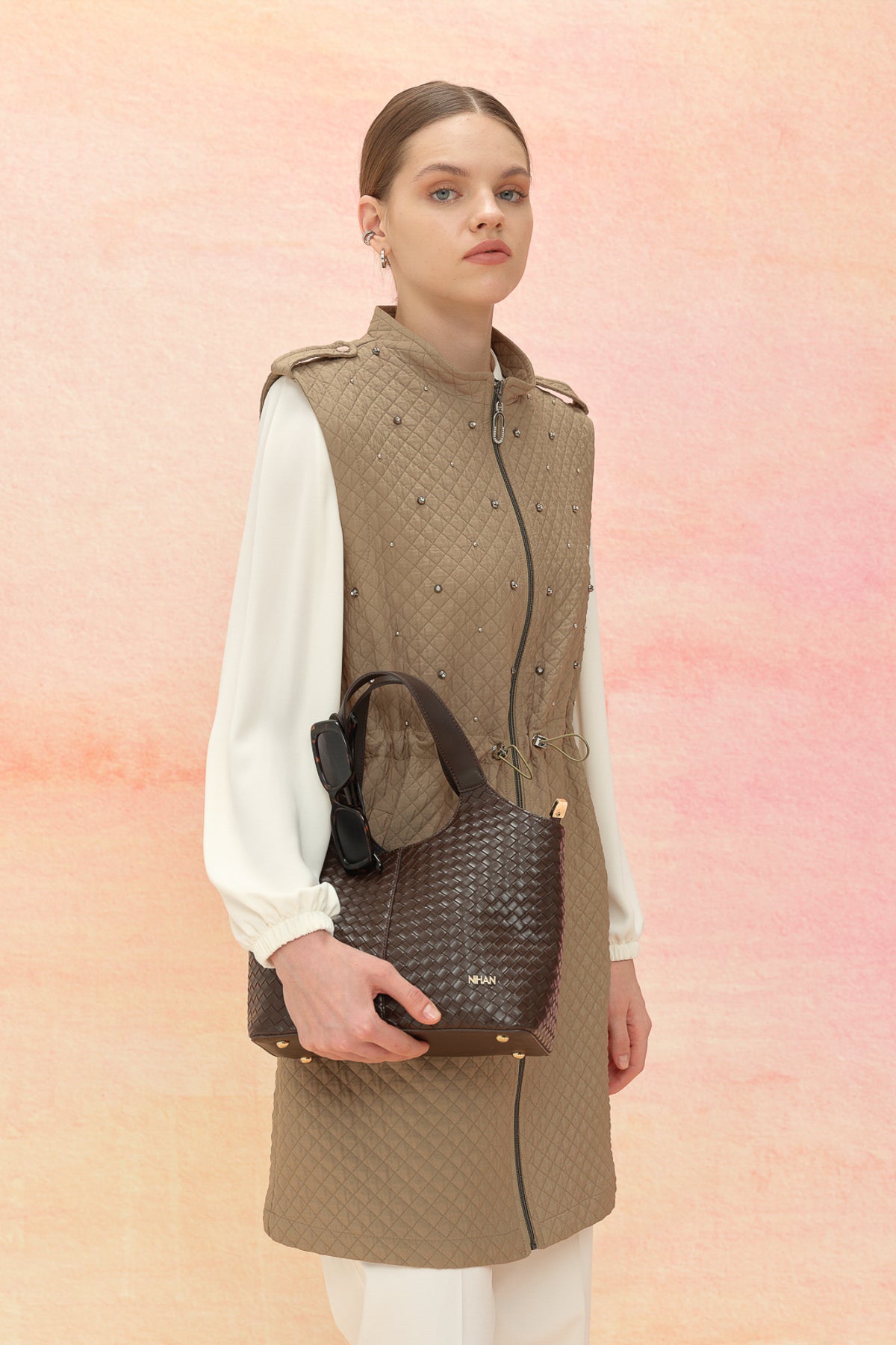 Thin Quilted Vest with Drawstring Waist - Thyme