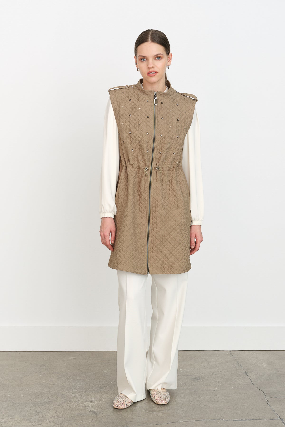 Thin Quilted Vest with Drawstring Waist - Thyme