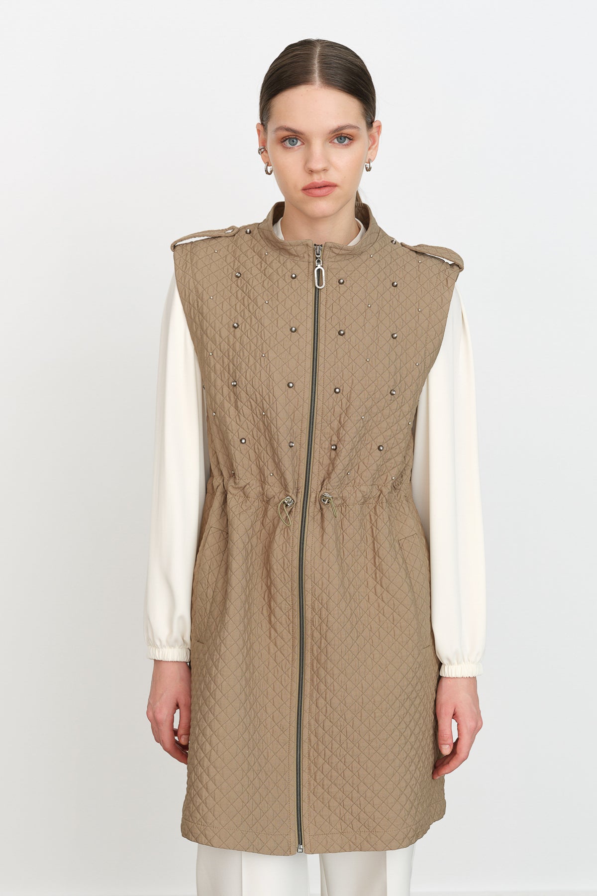Thin Quilted Vest with Drawstring Waist - Thyme