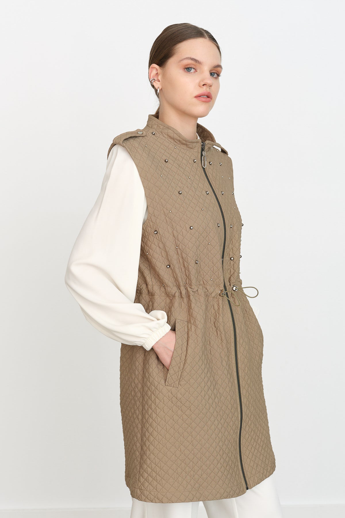 Thin Quilted Vest with Drawstring Waist - Thyme