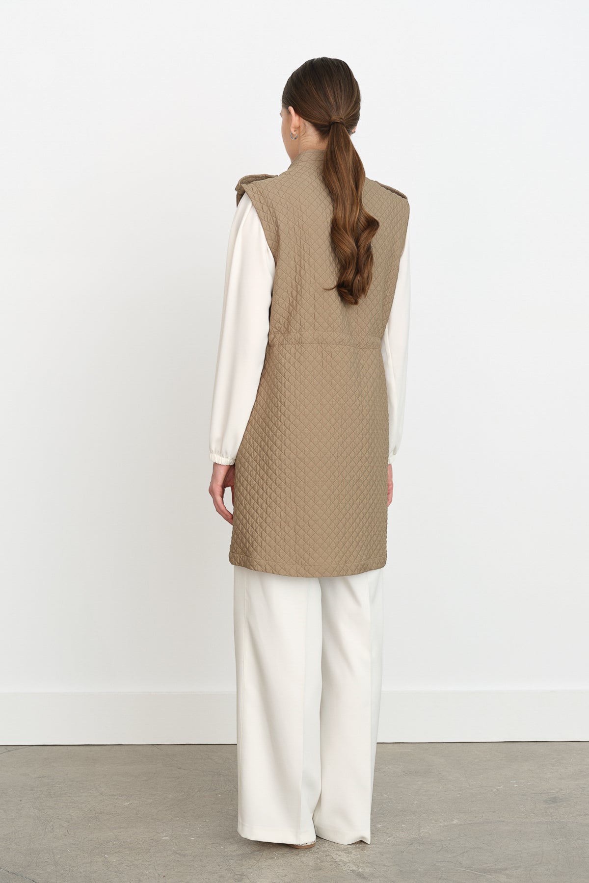 Thin Quilted Vest with Drawstring Waist - Thyme