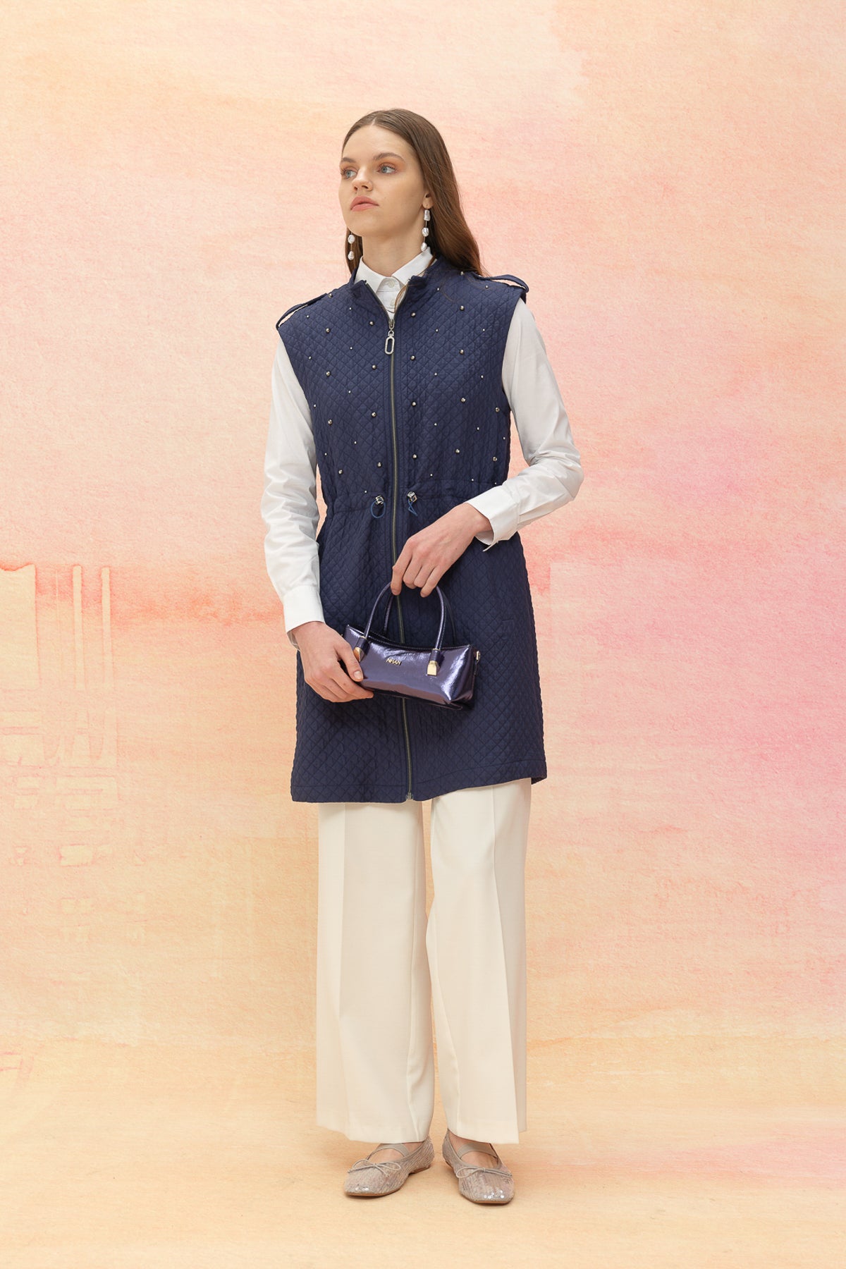 Thin Quilted Vest with Drawstring Waist - Navy Blue