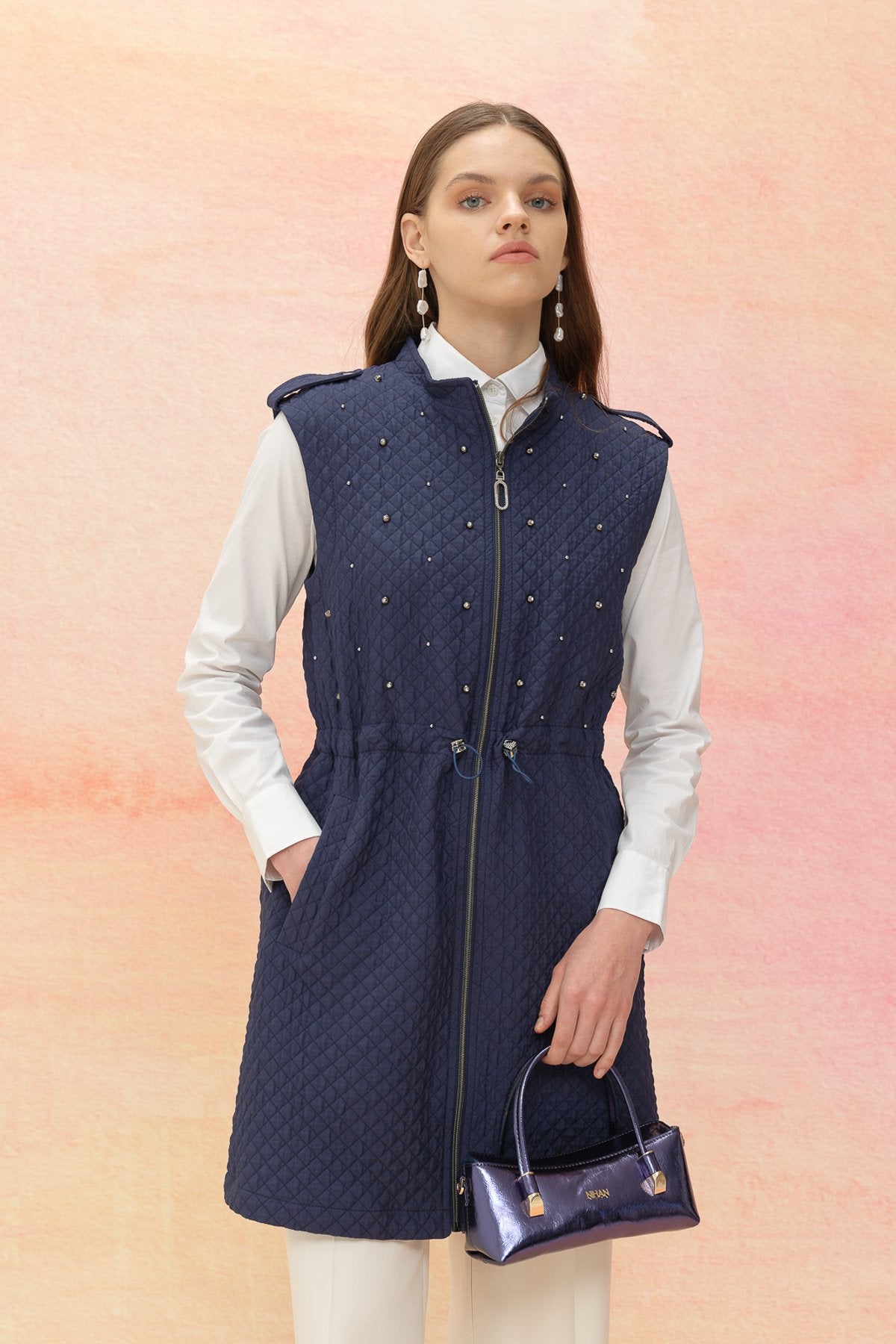 Thin Quilted Vest with Drawstring Waist - Navy Blue