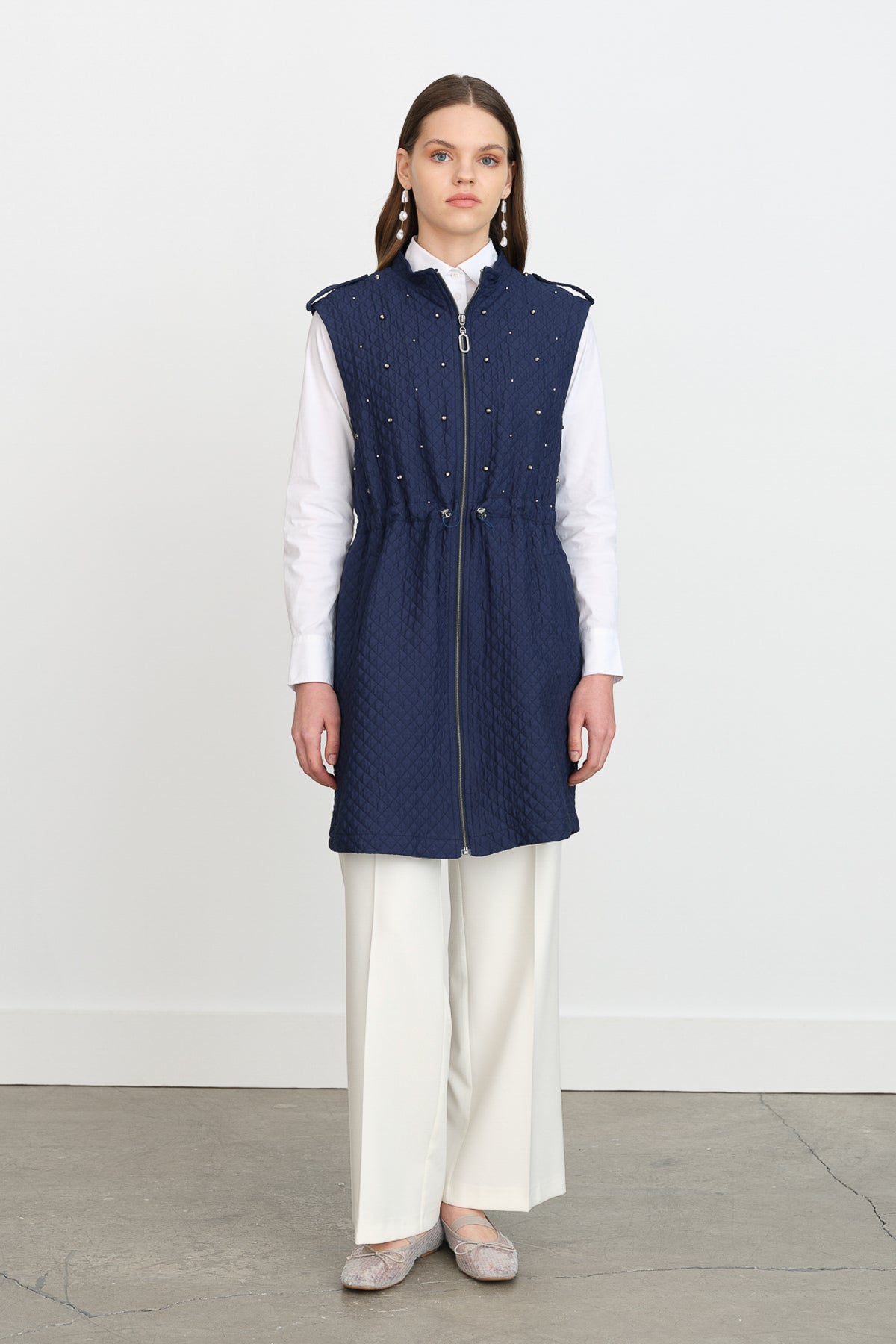 Thin Quilted Vest with Drawstring Waist - Navy Blue