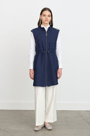 Thin Quilted Vest with Drawstring Waist - Navy Blue