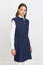 Thin Quilted Vest with Drawstring Waist - Navy Blue