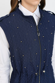 Thin Quilted Vest with Drawstring Waist - Navy Blue