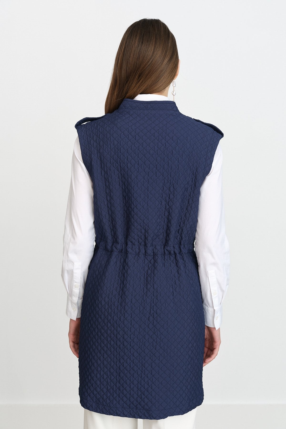 Thin Quilted Vest with Drawstring Waist - Navy Blue