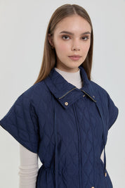 Thin Quilted Vest with Drawstring Waist - Navy Blue