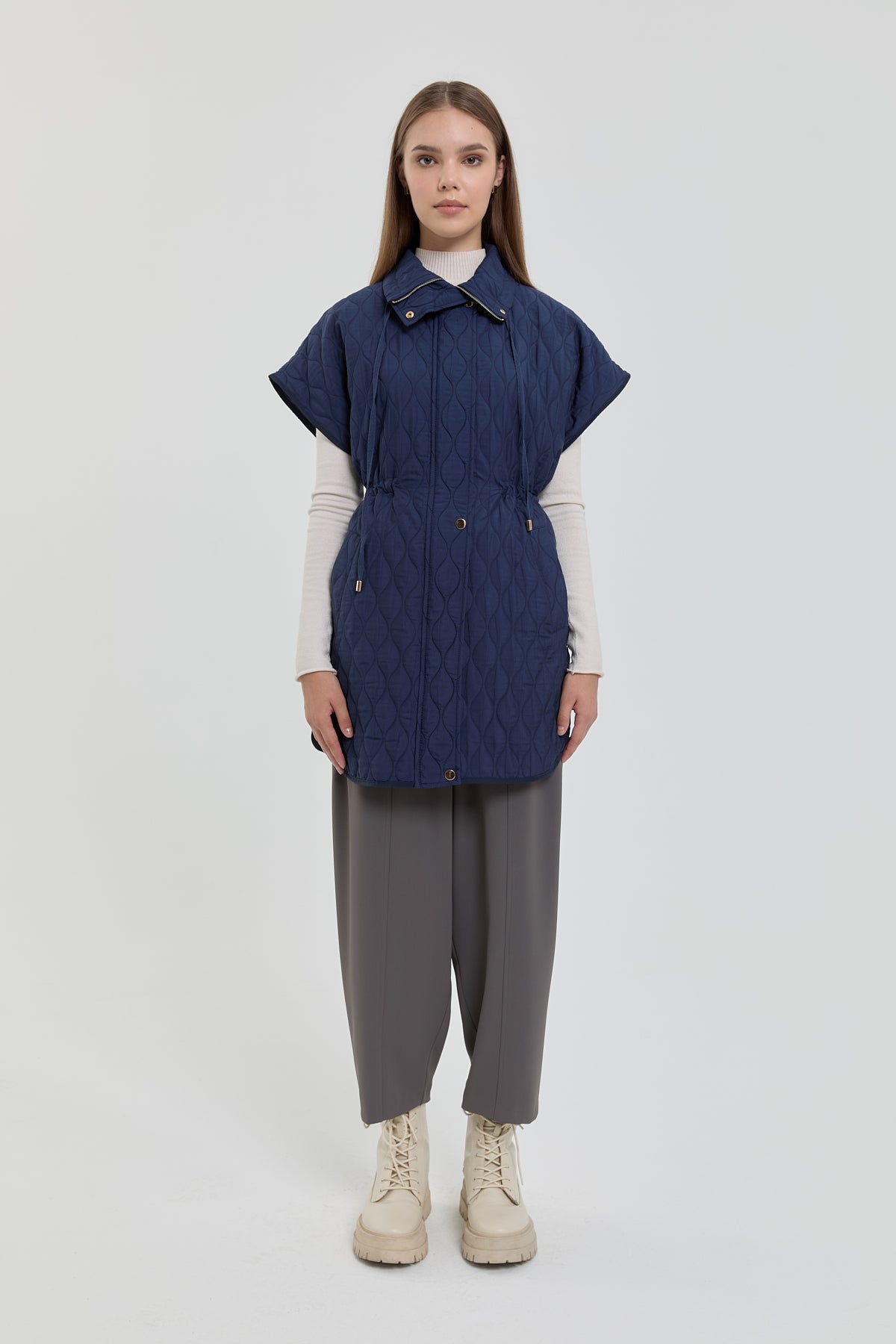 Thin Quilted Vest with Drawstring Waist - Navy Blue