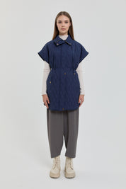 Thin Quilted Vest with Drawstring Waist - Navy Blue
