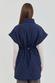 Thin Quilted Vest with Drawstring Waist - Navy Blue