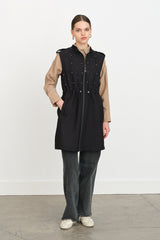 Thin Quilted Vest with Gathered Waist - Black