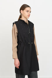 Thin Quilted Vest with Gathered Waist - Black
