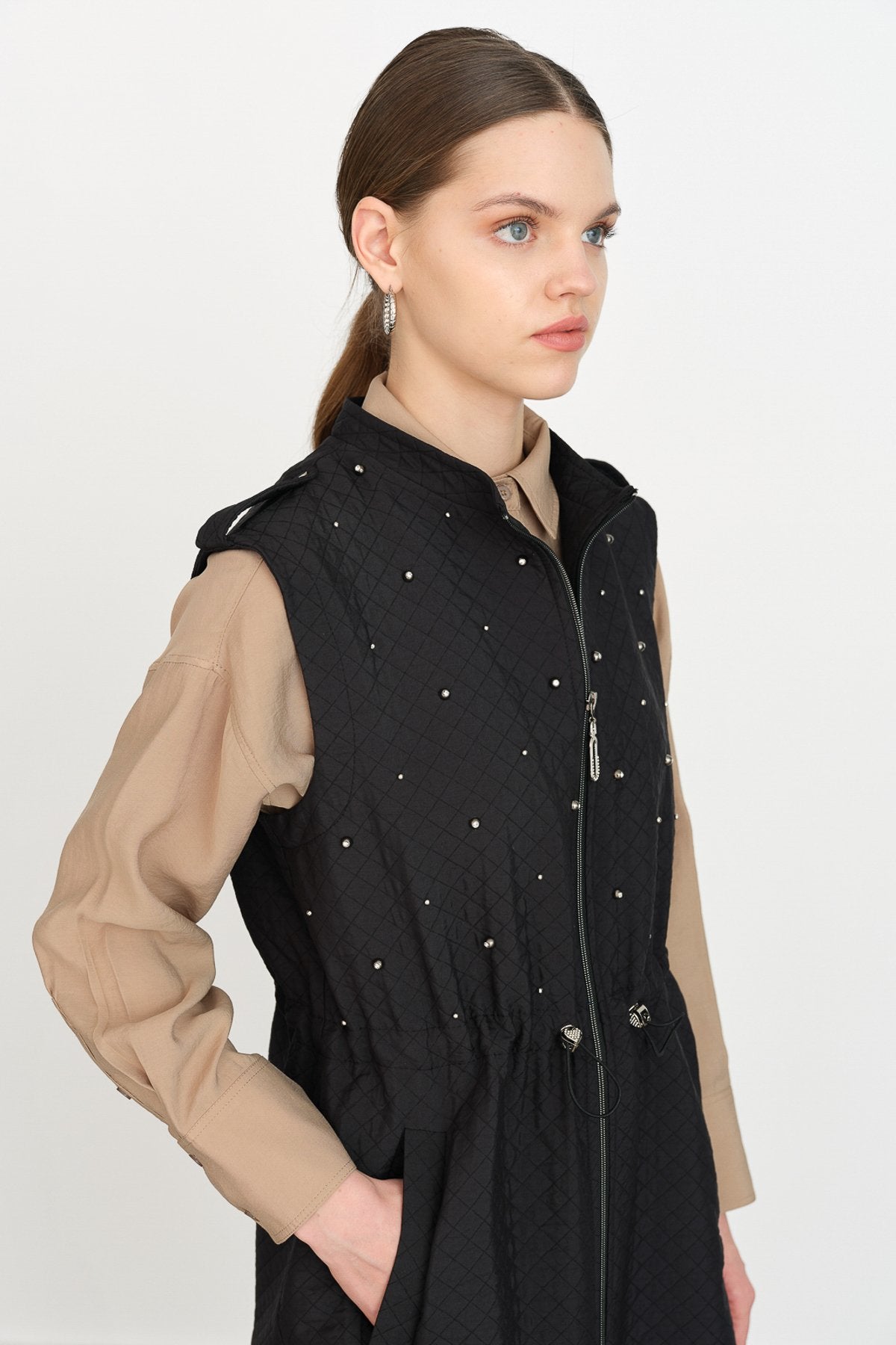 Thin Quilted Vest with Gathered Waist - Black