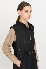 Thin Quilted Vest with Gathered Waist - Black