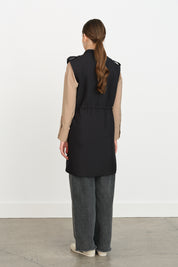 Thin Quilted Vest with Gathered Waist - Black