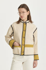 Fine Quilted Piped Contrast Cotton Blend Jacket - Cream