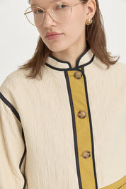 Fine Quilted Piped Contrast Cotton Blend Jacket - Cream