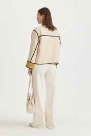 Fine Quilted Piped Contrast Cotton Blend Jacket - Cream