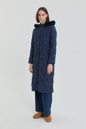 Fine Quilted Coat with Snap Button Detail - Navy Blue