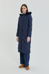 Fine Quilted Coat with Snap Button Detail - Navy Blue