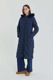 Fine Quilted Coat with Snap Button Detail - Navy Blue