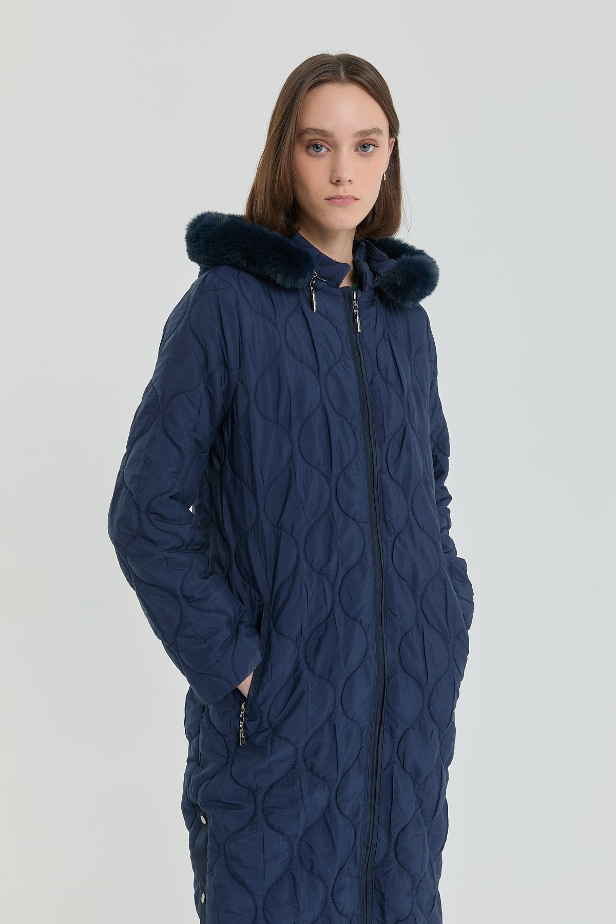 Fine Quilted Coat with Snap Button Detail - Navy Blue