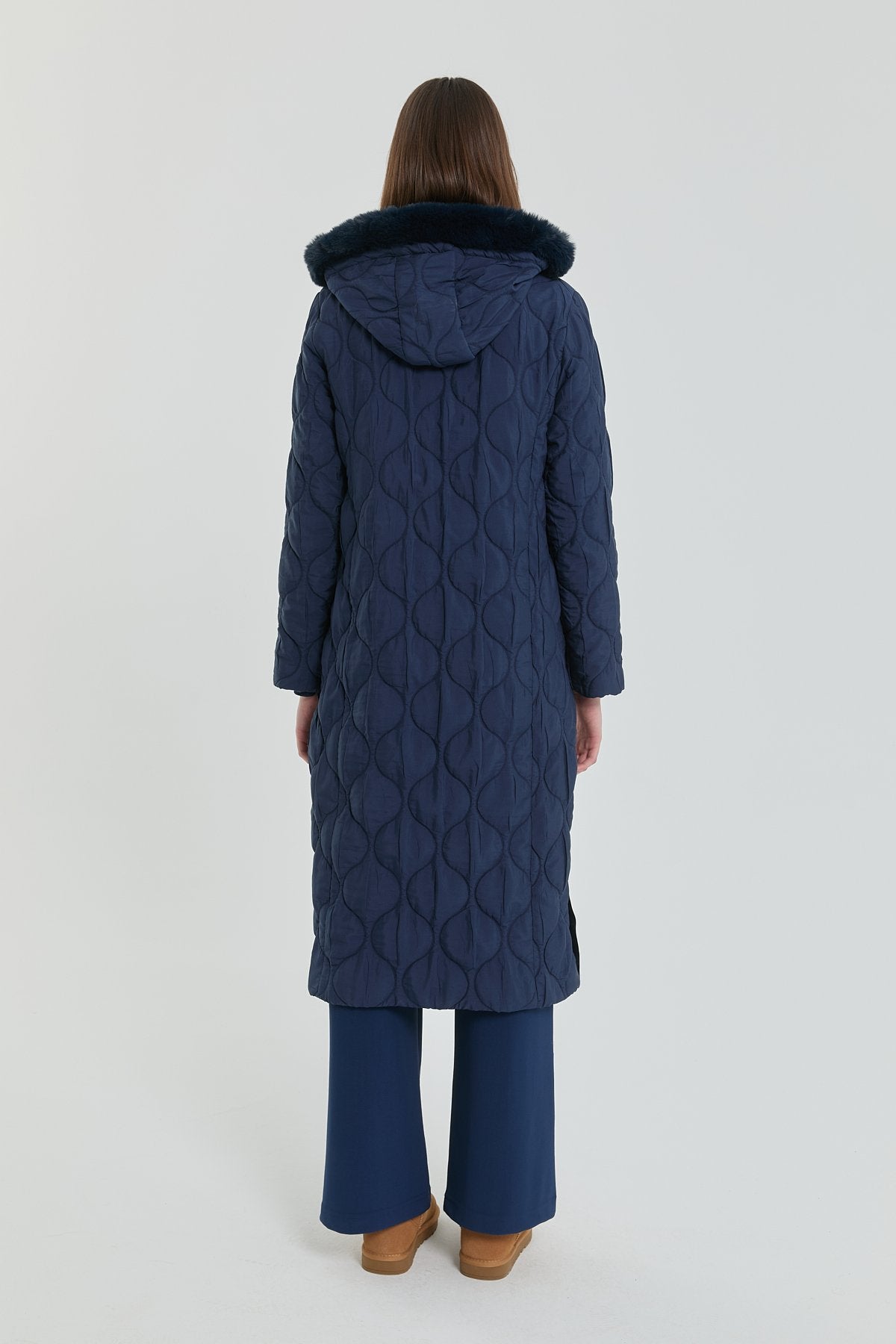 Fine Quilted Coat with Snap Button Detail - Navy Blue