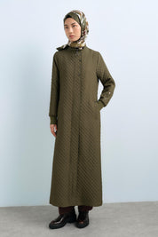 Thin Quilted Ribbed Trench Coat with Snap Button Details - Khaki