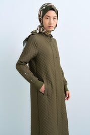 Thin Quilted Ribbed Trench Coat with Snap Button Details - Khaki