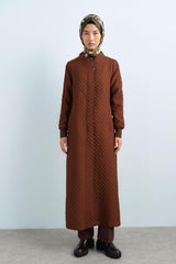 Thin Quilted Ribbed Trench Coat with Snap Button Details - Brown