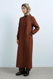 Thin Quilted Ribbed Trench Coat with Snap Button Details - Brown