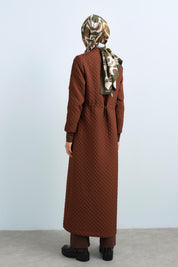 Thin Quilted Ribbed Trench Coat with Snap Button Details - Brown