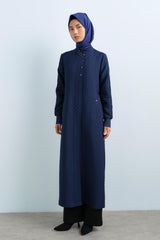Thin Quilted Ribbed Trench Coat with Snap Button Details - Navy Blue
