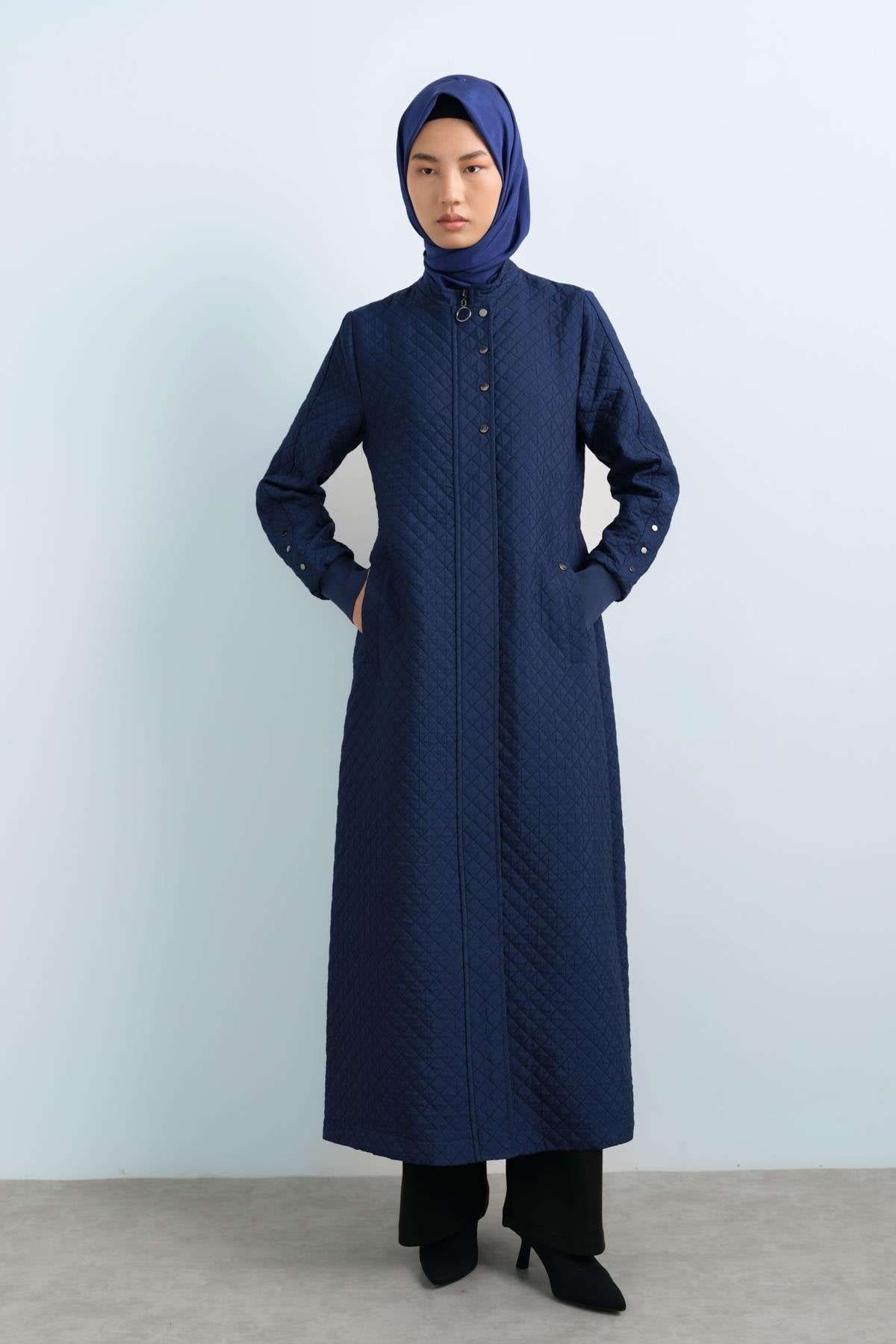 Thin Quilted Ribbed Trench Coat with Snap Button Details - Navy Blue