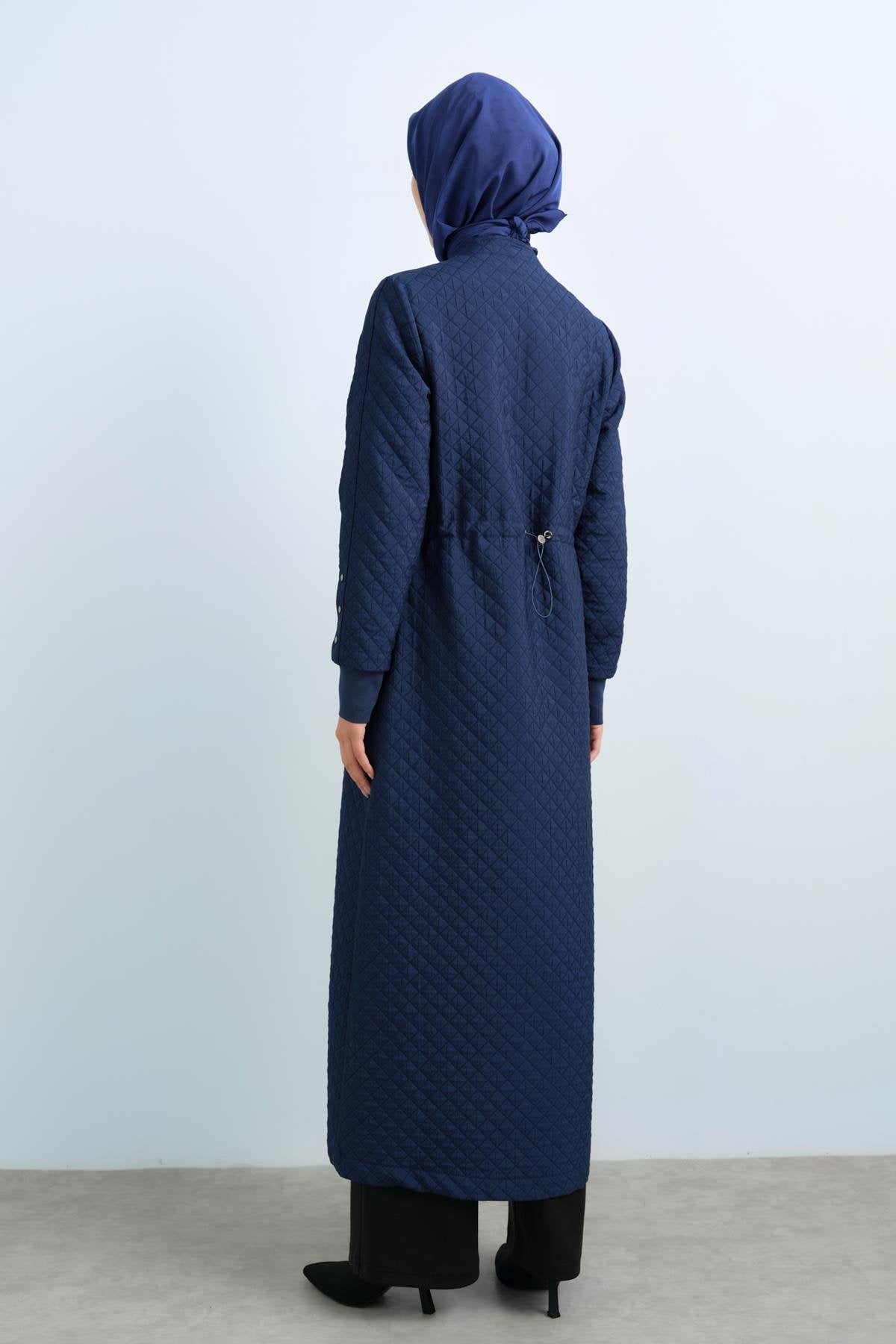 Thin Quilted Ribbed Trench Coat with Snap Button Details - Navy Blue
