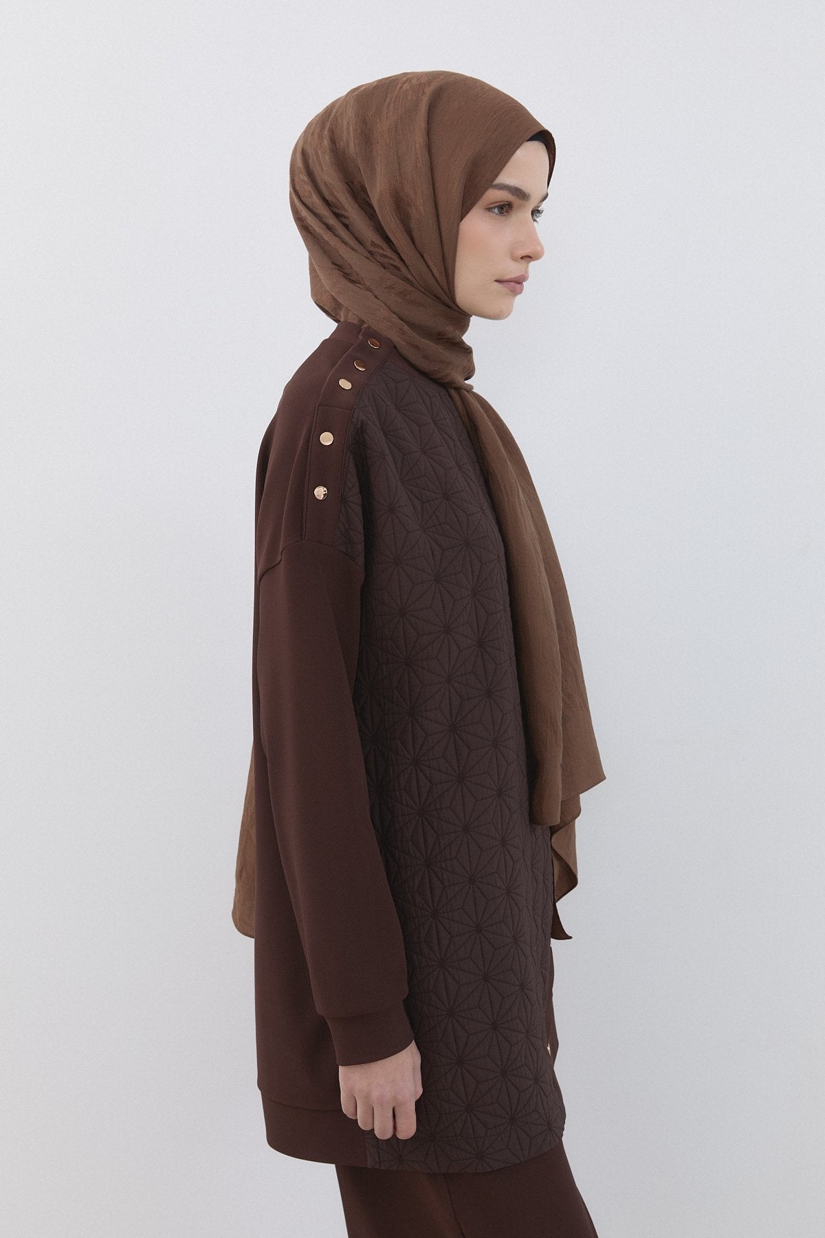 Fine Quilted Detail Knitted Pants and Tunic Set - Brown
