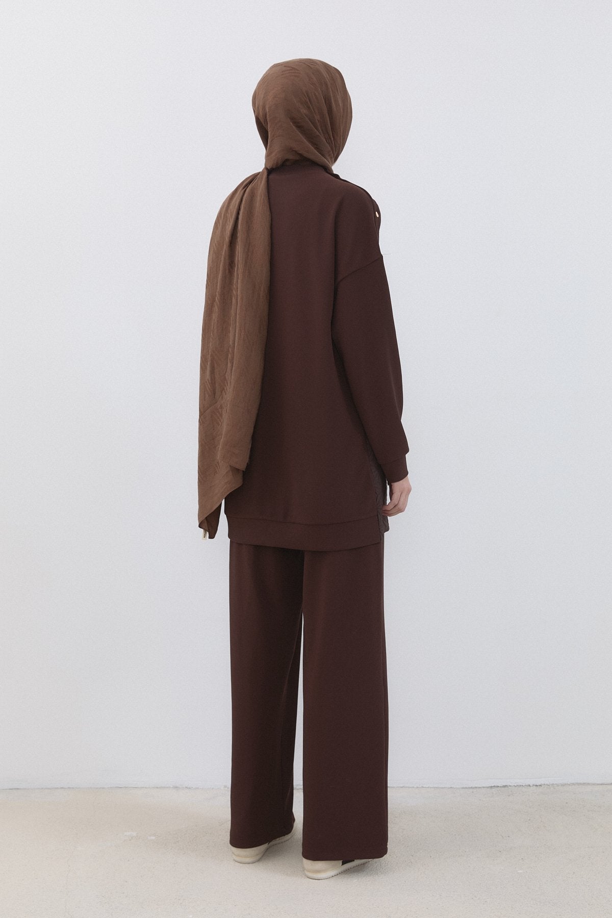 Fine Quilted Detail Knitted Pants and Tunic Set - Brown