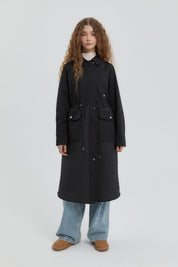 Fine Quilted Trimmed Drawstring Waist Coat - Black